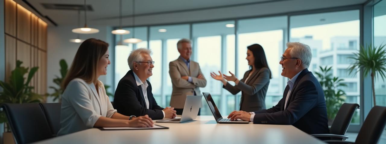 현대적인 사무실 환경에서 팀원들이 편안하게 대화하며 웃는 모습